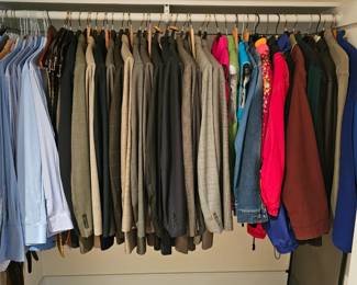Men's clothing... at least 15 suits, one blazer by Canali. Pants, shirts and more. Outer wear as well. Size 42 Reg. On the suits, Large for leather coats.