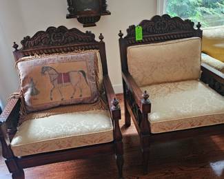 This is once again and great pair of antique arm chairs with custom fabric by Calico Corners. They came out of an old church originally. 