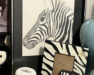 Zebra decor- original etching, light switch plates and a frame