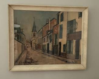 French village street scene print by Maurice Utrillo, framed, vintage
