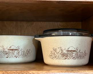 Pyrex Forest Fancies casserole dishes, one with lid, vintage and in good condition!