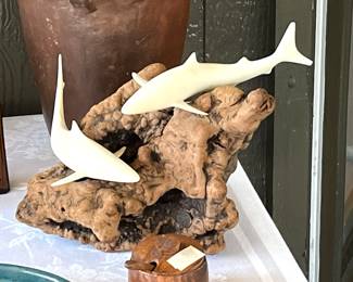 Sharks on burl wood sculpture by John Perry (metal stamp)