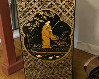 Oriental umbrella holder, hand painted black & gold, each side depicts a different image/story, signed on bottom