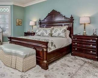 Henredon king bed (and mattress), pair of night stands 