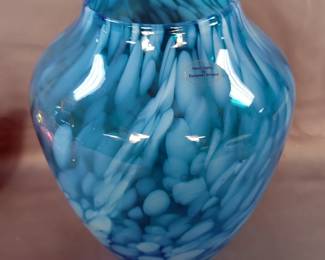 Vintage Smith Pink Iridescent Carnival Glass Basket, 7" x 14" x 12" And Art Glass Blue Vase 11" Tall