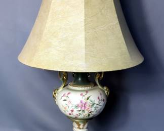 Hand Painted Porcelain Urn Style Lamp With Brass Base, 33" Tall, Powers On