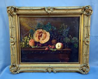 Antique George Grosvenor Bullock, British Artist c. 1810-1859 Still Life Fruit Canvas Painting In Gesso Frame, 27.5" x 33