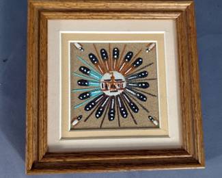 Authentic Framed Navajo Sand-Painting 7" x 7", And Hand Carved Wood Relief Wall Decor, 11.5" x 26"