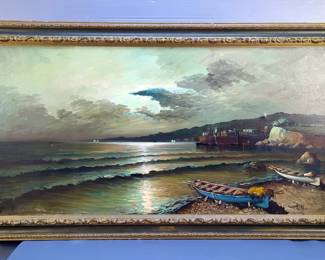 A. Torrielli Moonlight Fishing Village Oil On Canvas Painting In Gesso Frame, 32.5" x 54.5"