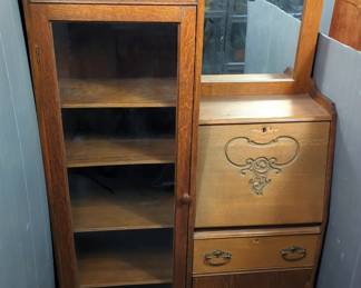 Antique Side By Side Secretary Fold Down Desk With 4 Shelf Display Cabinet, 62" X 38" X 13"