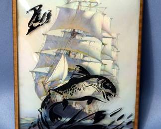 Fish & Ship Silhouettes, Qty 2, 1940's Original Metal Frame, 5" x 4", With Convex Glass
