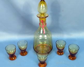Glass Decanter With Stopper, 10" Tall, And Glasses, 2.5", Qty 5