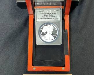 2015 W One Ounce Silver $1 American Eagle Proof Coin, ANACS Certified PR70 DCAM, First Day Of Issue, #4087 Of 8195, Includes Wood Presentation Box