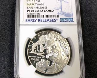 2016 P $1 Mark Twain Proof Coin, NGC Certified Early Releases PF70 Ultra Cameo