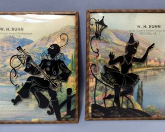 Harlequin Adventuring Silhouettes, Qty 2, 1940's Original Metal Frame, 5" x 4", With Convex Glass
