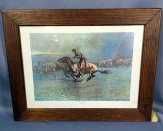 Printed Picture In Wood Frame, "Stampeded By Lighting", Frederic Remington 1861-1909, From Original In The Thomas Gilcrease Institute Of American History And Art In Tulsa Okla, 23" X 29.5" X 1/2"
