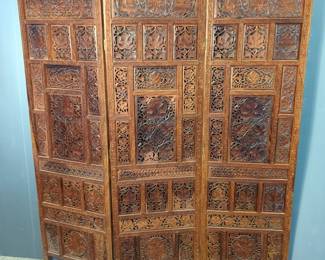 Carved Wood 3 Panel Privacy Screen, 66" X 60"