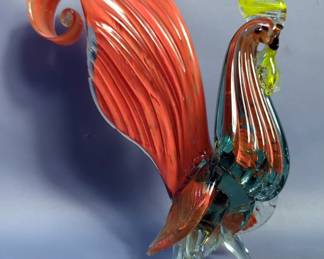 Vintage Hand Blown 9" Tall Art Glass Orange And Clear Rooster Figurine
