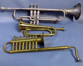 C.G. Conn Ltd Trumpet, U.S. Regulation Brass Bugle, And Vintage French Brass Jazzophone Toy