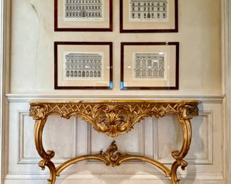 Bronze Console Table with Marble Top and 4 Framed Architectural Facades