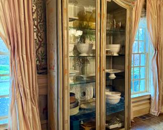 French renaissance hand painted walnut china cabinet with antique glass