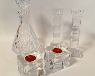 Waterford decanter and Orrefors candle holders