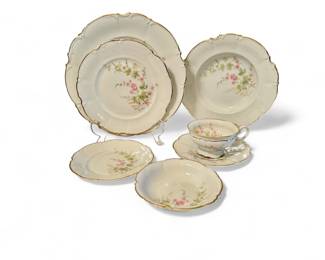 Hutschenreuther China - Service for 12 - Dinner plates, Salads, Bread & Butters, Soup bowls, Dessert bowls, Cup and Saucers.  Serving pieces include 3 graduated Oval Platters, Gravy boat, Covered casserole, Creamer and Sugar.