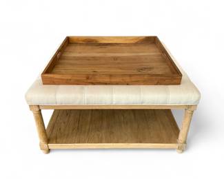 Pottery Barn square padded  coffee table with wooden tray on top