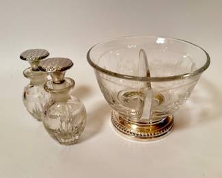 Perfumes with Sterling Stoppers and Heisey Etched Glass Condiment Bowl with Sterling Base