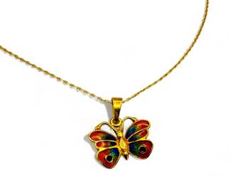 18K Gold Chain & Enameled Butterfly Pendant