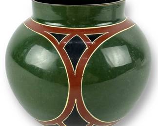 Cobalt Blue Vase W/ Enameled Green & Red Overlay