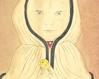 Leonard Tsuguharu "A Girl with Bird" Woodcut