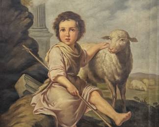 Antique Painting Girl with Sheep Oil on Canvas