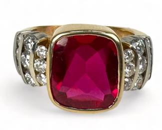 Men's 14K Gold Synthetic Ruby & Diamond Ring