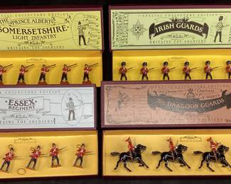  (4) BRITAIN TOY SOLDIER SETS, IRISH GUARD, PRINCE ALBERT'S SOMERSETSHIRE LIGHT INFANTRY, ESSEX REGIMENT & 5TH DRAGOON GUARDS ALL MINT IN BOX,

