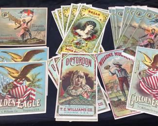 EARLY 1900s TOBACCO CRATE & CADDY ADVERTISING LABELS, THE BELLE OF VIRGINIA, OCTOROON, GOLDEN EAGLE, CRUSADER