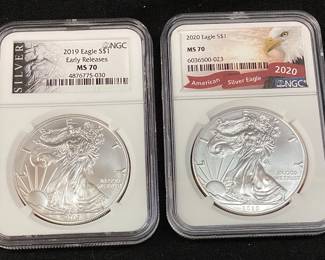  (2) 2019 EARLY RELEASE MS70 & 2020 MS70 SILVER AMERICAN EAGLES