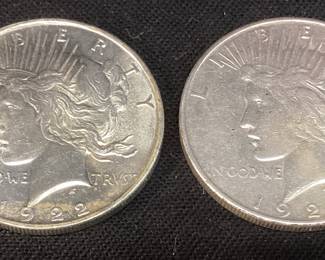 (2) 1922p & 1928-S SILVER PEACE DOLLARS,


