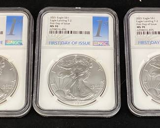 (3) 2021 SILVER AMERICAN EAGLES, T-2, 1st DAY MS70