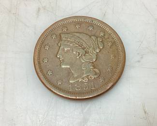 1851 BRAIDED HAIR LARGE 1 CENT COIN