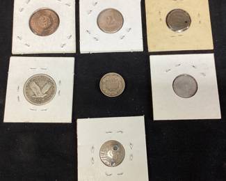 (7) ASSORTED, SEATED LIBERTY DIME, WALKING LIBERTY QUARTER, 2 & 3 CENT COINS, 1858 FLYING EAGLE DIME, SILVER DIME,


