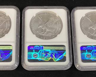 (3) 2021 SILVER AMERICAN EAGLES, T-2, 1st DAY MS70