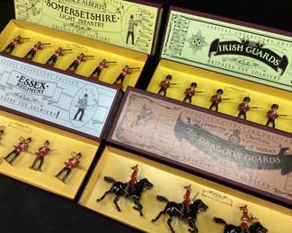 (4) BRITAIN TOY SOLDIER SETS, IRISH GUARD, PRINCE ALBERT'S SOMERSETSHIRE LIGHT INFANTRY, ESSEX REGIMENT & 5TH DRAGOON GUARDS ALL MINT IN BOX,

