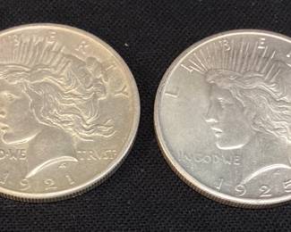 (2) 1921-p HIGH RELIEF & 1925-p SILVER PEACE DOLLARS,

