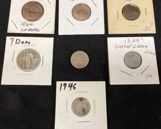 (7) ASSORTED, SEATED LIBERTY DIME, WALKING LIBERTY QUARTER, 2 & 3 CENT COINS, 1858 FLYING EAGLE DIME, SILVER DIME,

