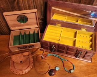 Jewelry Boxes And Satchel, Plus Polished Stone Necklace
