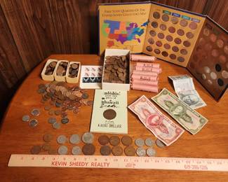 Coins And Stamps Penny Collection From Pre1960, State Quarters, Old Mexican Pesos