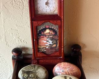 Charles Wysocki Cat Grandfather Clock And 4 Rocks With Cats Painted On Them
