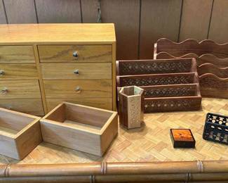 Desk Organizer Lot With Wooden Small Cabinet And Brass Accent Organizers