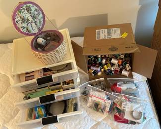 Sewing Notions Lot With Sewing Basket And 3 Drawer Organizer